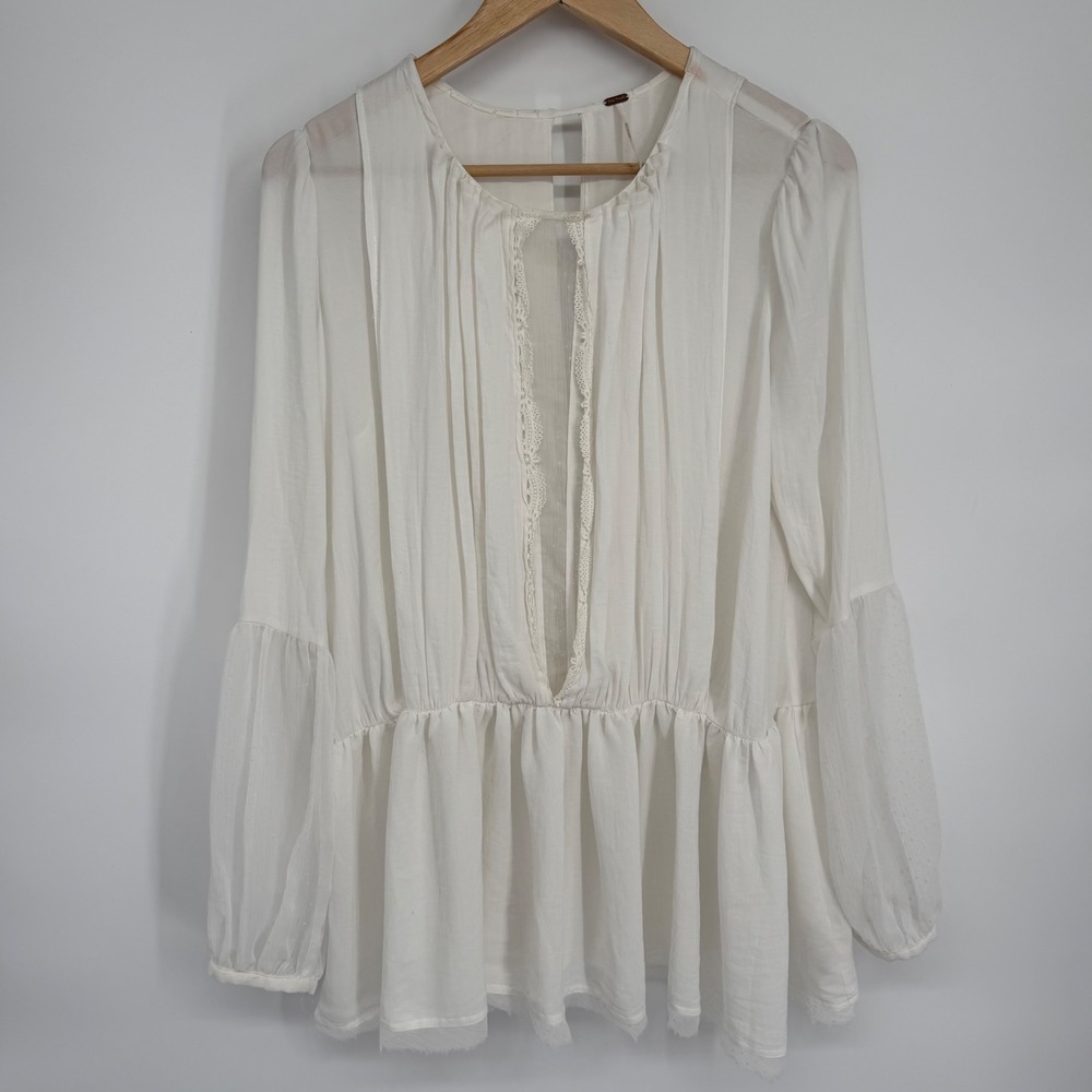 Free People Soul Serene Top Ivory Crochet Peasant Lace Peplum Open Back Small